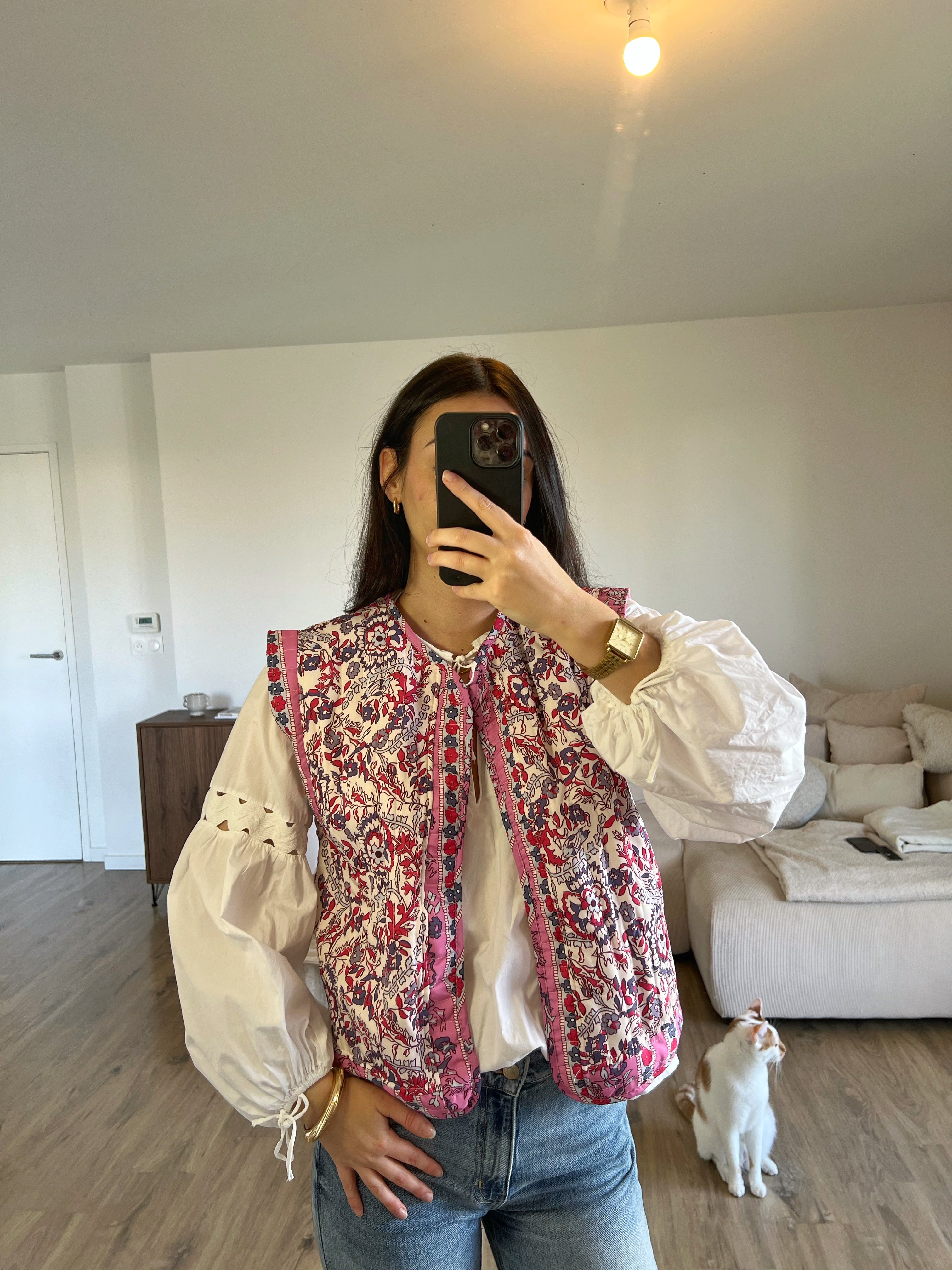 Veste sans manches fleurie rose pour femme, style casual et tendance