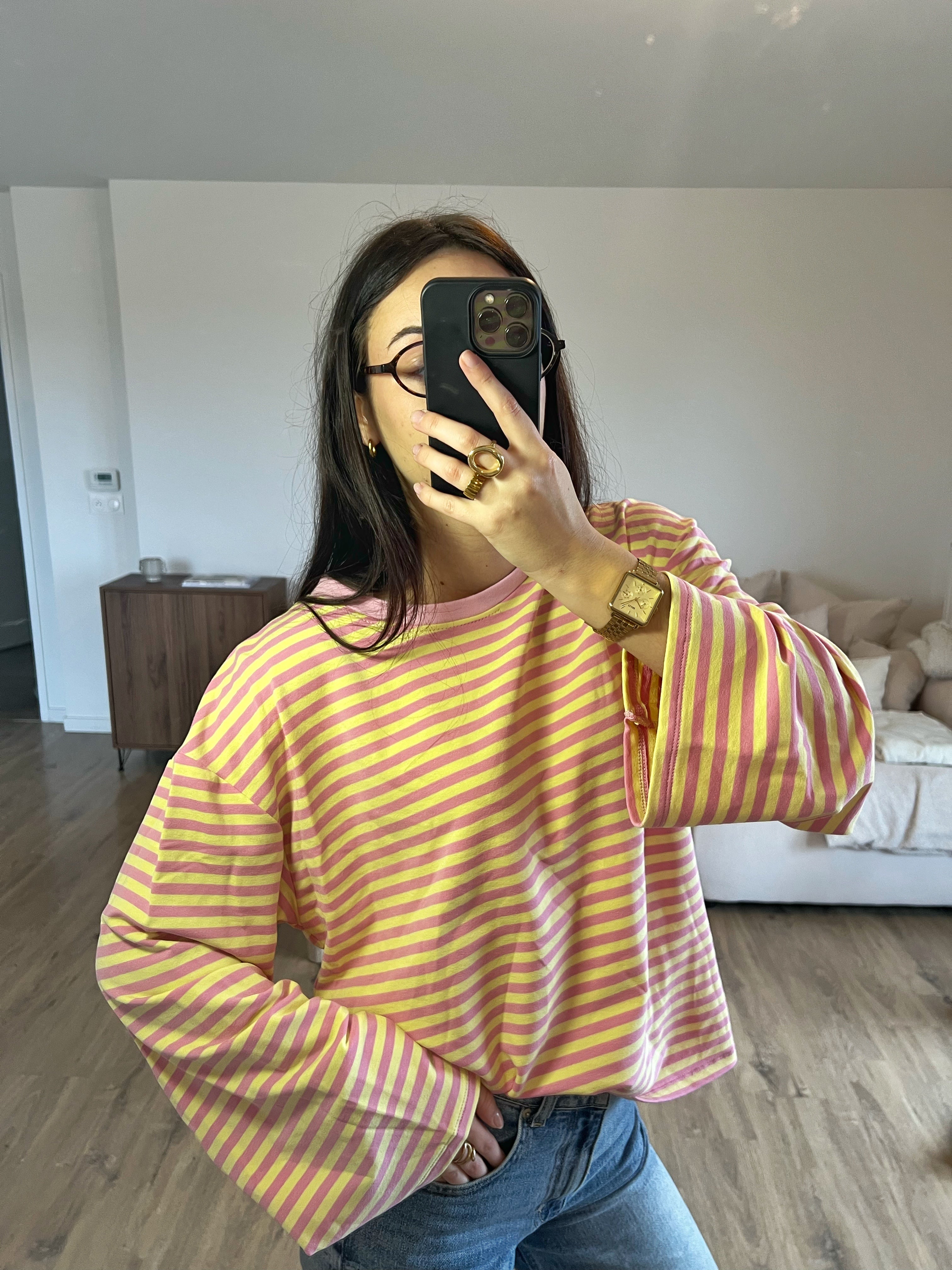 top à manches longues rayé rose et jaune