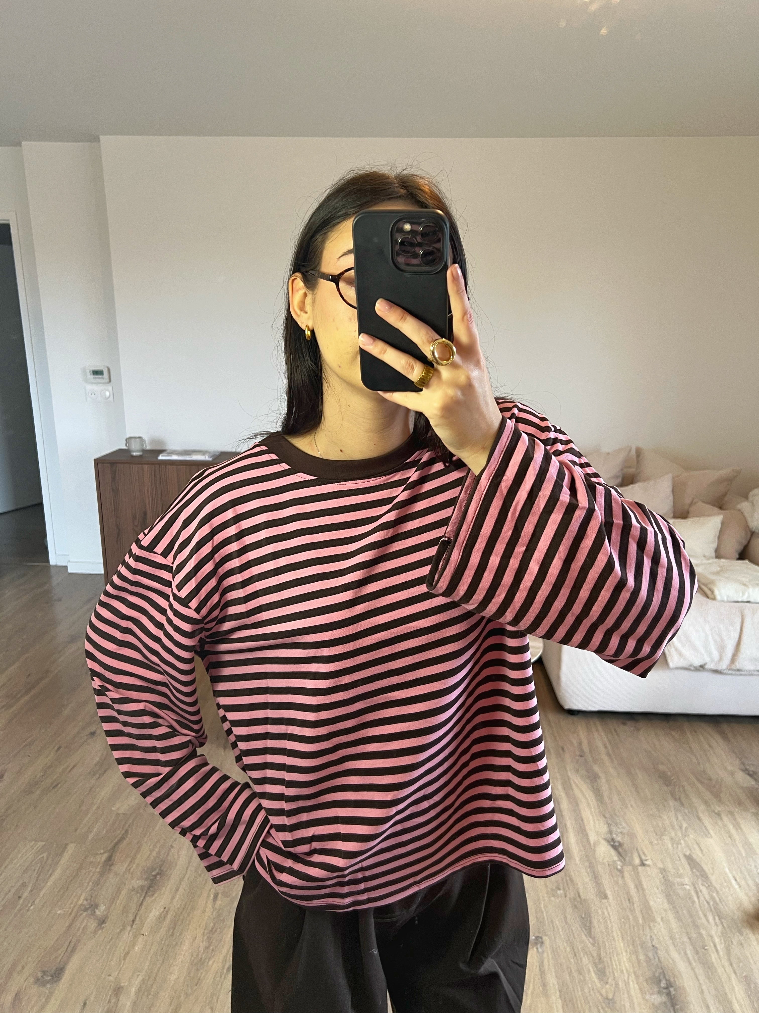 T-shirt rayures rose et marron, coupe apmple, taille unique S,M,L